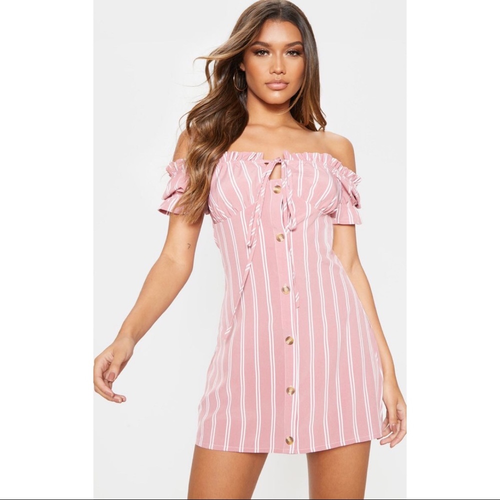 Rose Blush Striped Off Shoulder Dress NWT